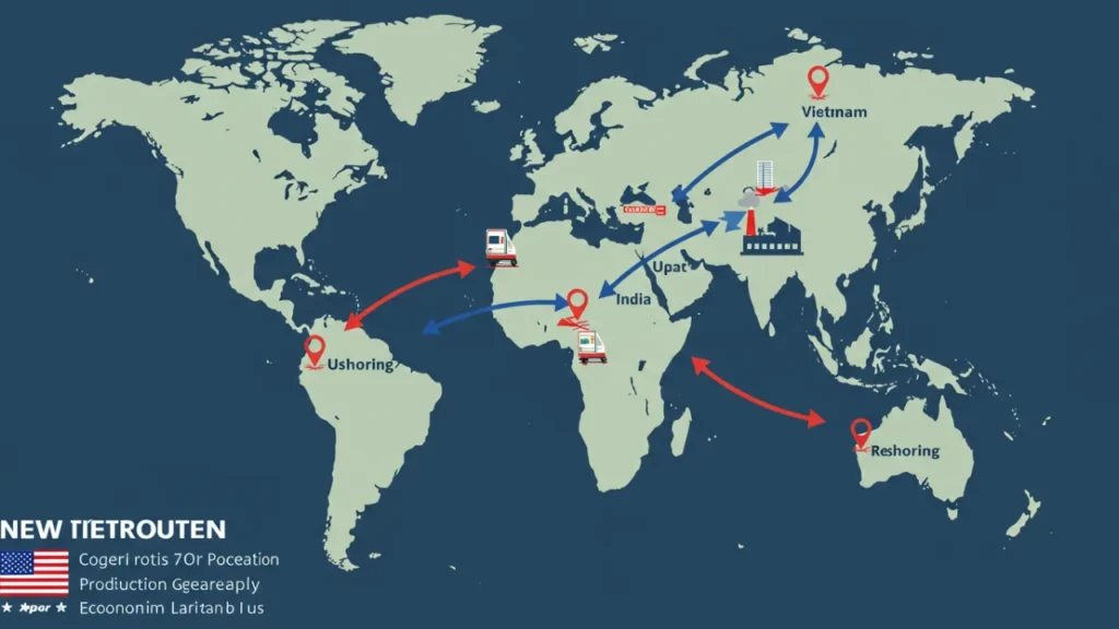 Ilustração conceitual mostrando novas rotas comerciais e fluxos de produção emergindo em resposta às tarifas, com setas indicando movimentos de fábricas da China para outros países asiáticos, México e retorno aos EUA.