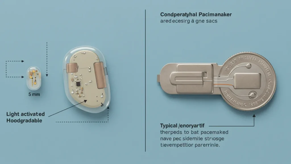 Comparação visual lado a lado entre o novo marca-passo biodegradável miniaturizado e um marca-passo convencional tradicional