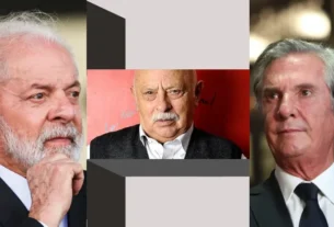 Montagem fotográfica com Lula, Frei Chico e Collor relacionada a uma notícia sobre fraude no INSS.