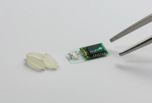 Conceito de um Marca-passo biodegradável miniaturizado do tamanho de um grão de arroz ao lado de um grão de arroz real para comparação de escala