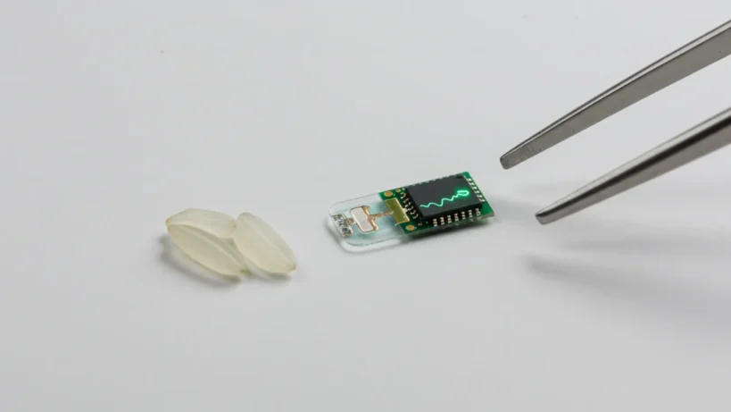 Conceito de um Marca-passo biodegradável miniaturizado do tamanho de um grão de arroz ao lado de um grão de arroz real para comparação de escala