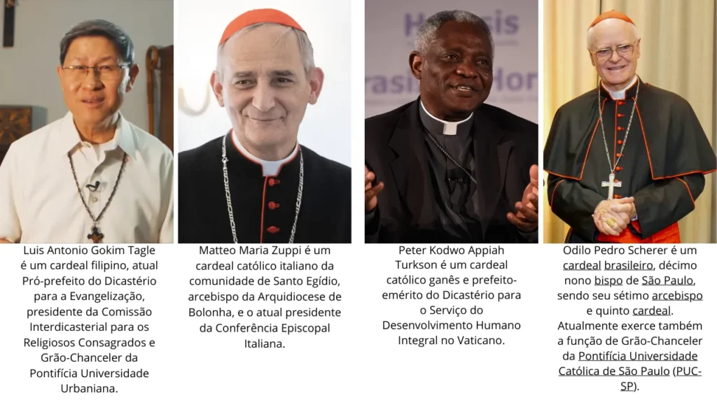 Retratos de quatro cardeais cotados para suceder o Papa Francisco: Luis Antonio Tagle, Matteo Zuppi, Peter Turkson e Odilo Scherer.