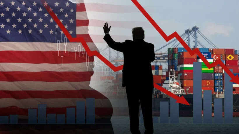 Montagem visual mostrando gráfico de bolsa em queda, silhueta de Trump e contêineres de carga com bandeiras internacionais, representando o impacto das novas tarifas na economia global.