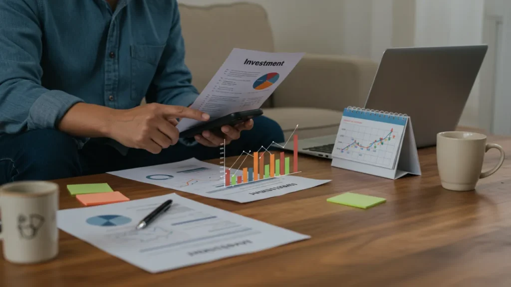 Pessoa revisando e ajustando portfólio de investimentos com gráficos de desempenho