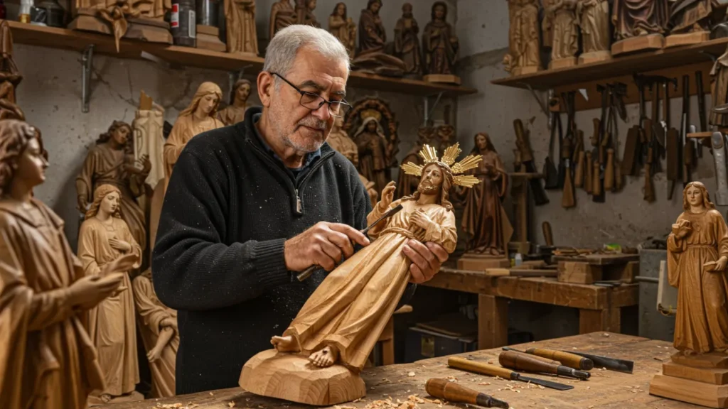 Artesão esculpindo figura sacra em madeira para celebrações da Semana Santa