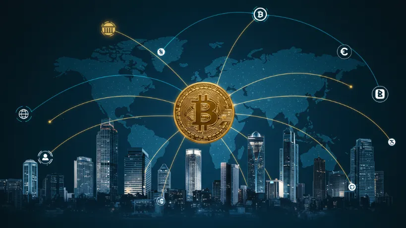Instituições financeiras tradicionais e grandes empresas globais adotando Bitcoin, ilustrando a crescente aceitação institucional e o efeito de rede da criptomoeda.