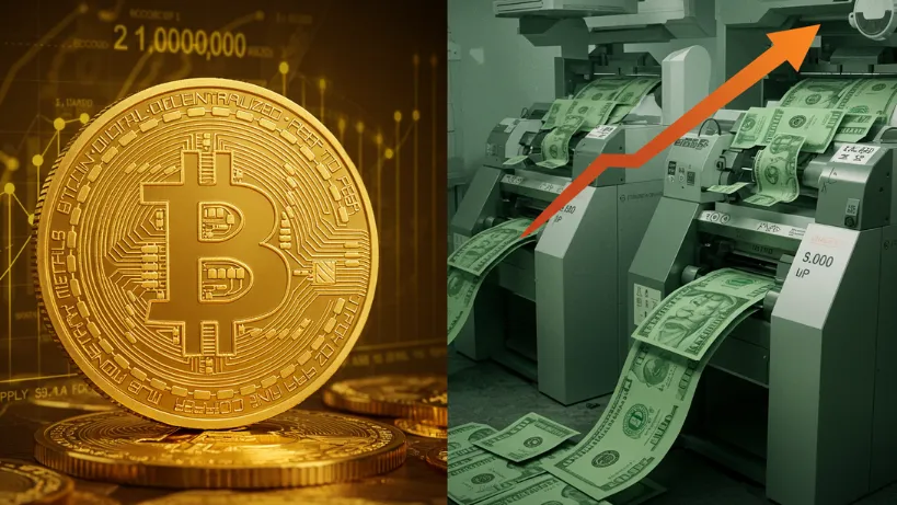 Comparação visual entre Bitcoin limitado a 21 milhões de unidades e moedas fiduciárias com impressão ilimitada, ilustrando o conceito de escassez digital como proteção contra inflação.
