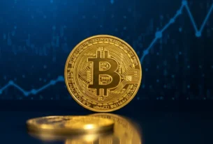 Bitcoin dourado brilhante sobre fundo digital com gráficos de crescimento representando os fatores fundamentais de sua relevância contínua no mercado financeiro global.