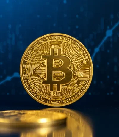 Bitcoin dourado brilhante sobre fundo digital com gráficos de crescimento representando os fatores fundamentais de sua relevância contínua no mercado financeiro global.