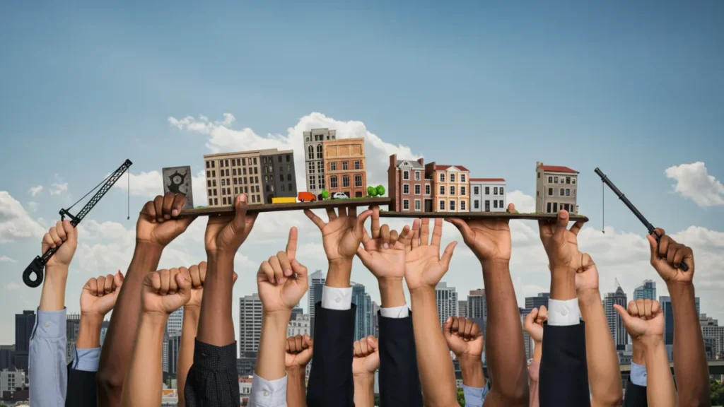 Ilustração de mãos diversas unidas construindo uma cidade, simbolizando como a participação política coletiva constrói a sociedade.