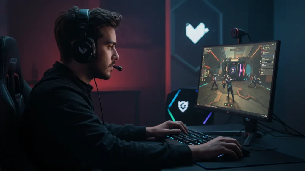 Jogador concentrado em partida competitiva de jogo para PC gratuito com setup gamer