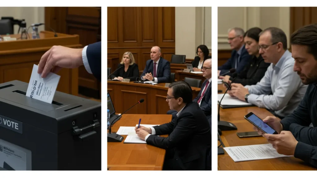 Pessoas exercendo diferentes formas de participação política cidadã, como votando, participando de audiências públicas e acompanhando decisões locais.