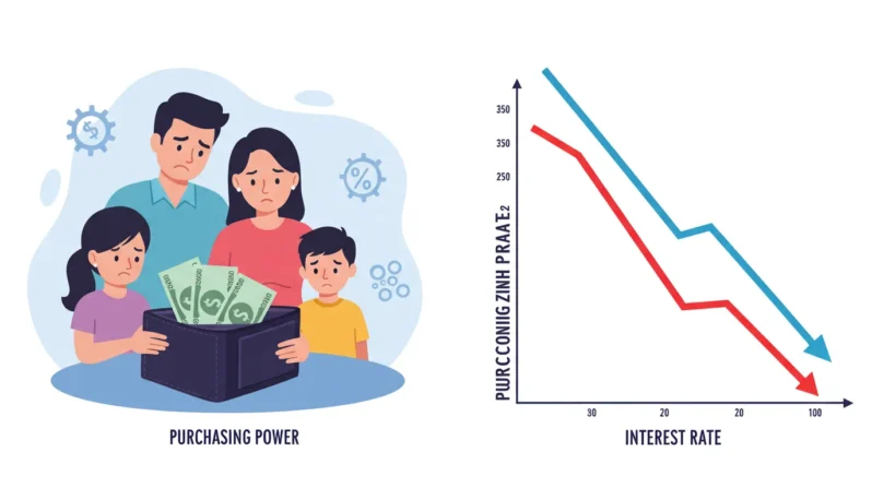 Taxa de juros afetando o poder de compra das famílias brasileiras com gráfico descendente e carteira vazia