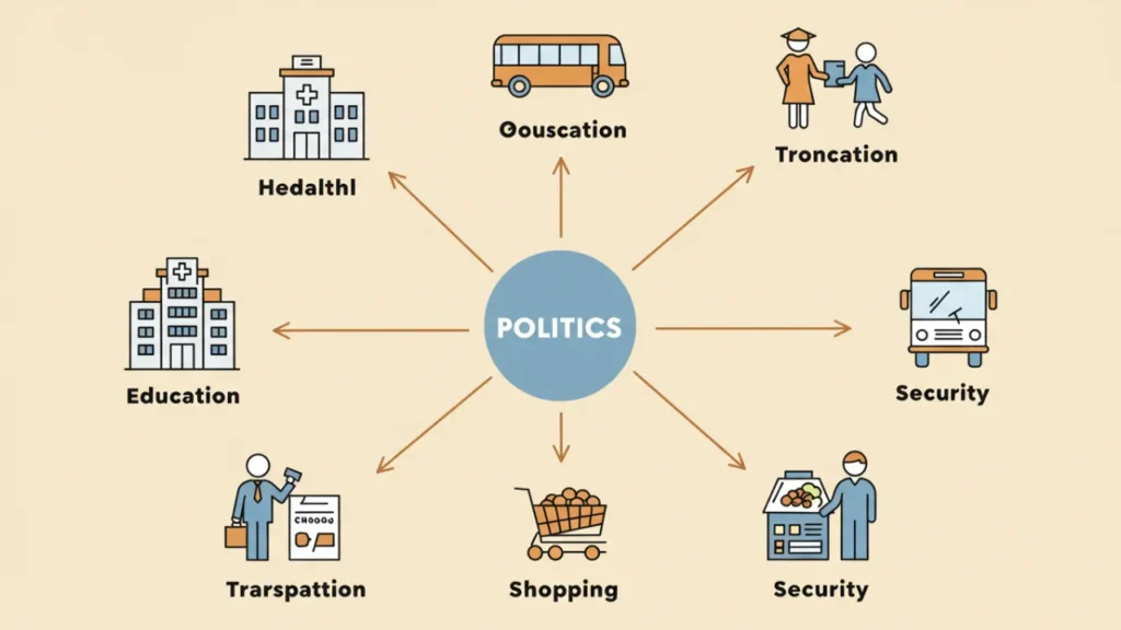 Infográfico mostrando como decisões políticas impactam aspectos cotidianos como saúde, educação, transporte e economia familiar.