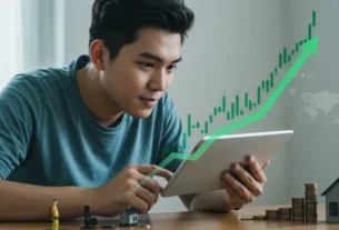 Pessoa analisando gráficos de investimentos com elementos que representam segurança financeira ao fundo