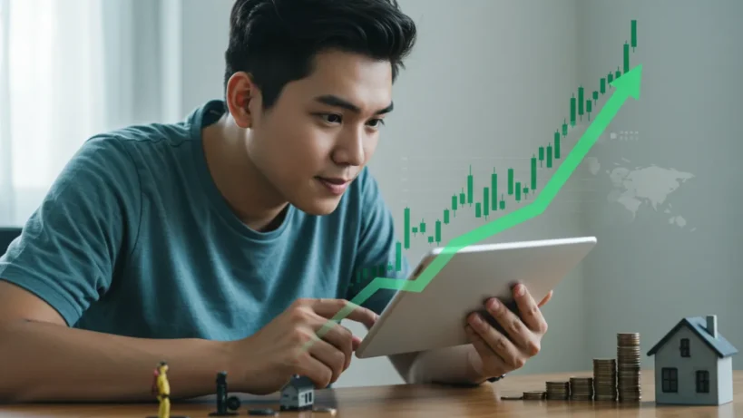 Pessoa analisando gráficos de investimentos com elementos que representam segurança financeira ao fundo