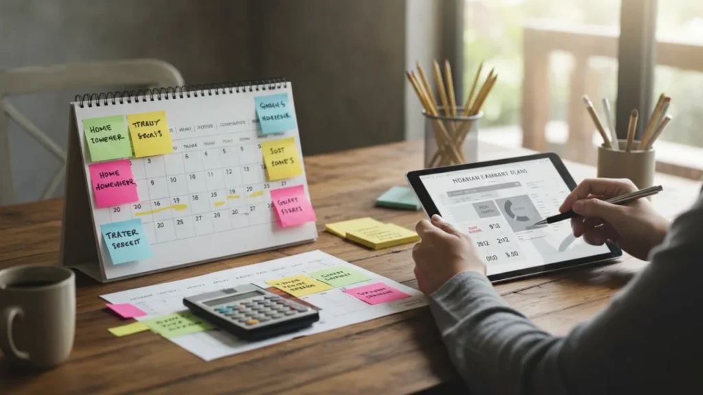 Pessoa organizando objetivos financeiros com elementos visuais de planejamento de investimentos