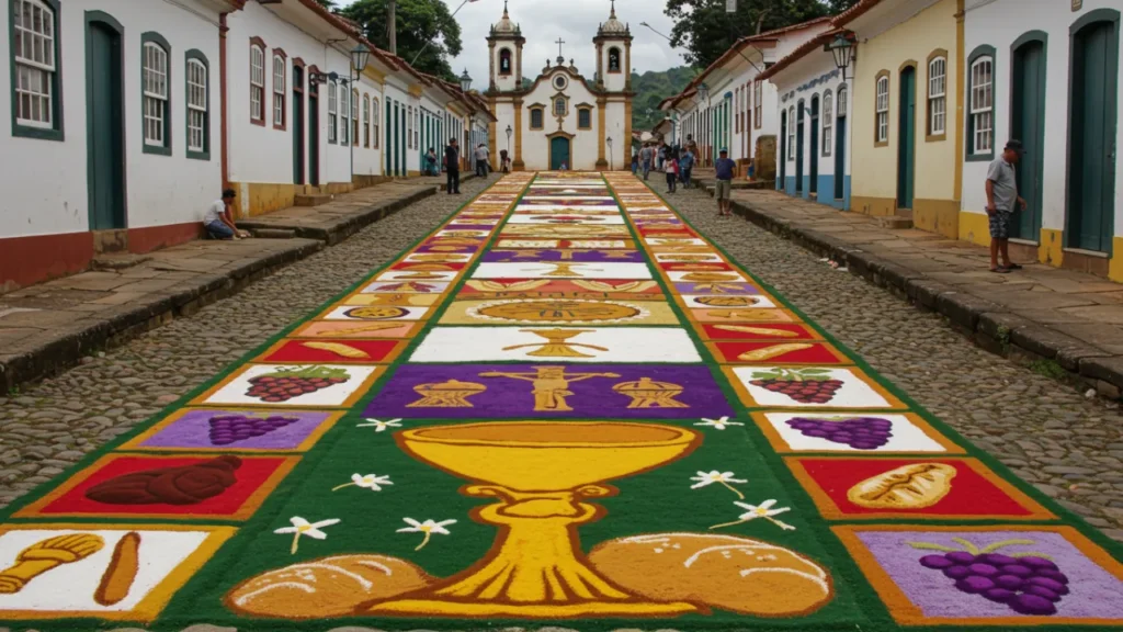 Tapetes coloridos de serragem decorando ruas de Ouro Preto durante celebrações da Semana Santa