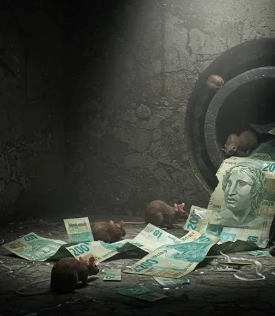 Galeria de esgoto com notas de real e ratos ao redor, simbolizando o escândalo de R$ 219 Bilhões em fraudes no INSS.