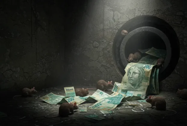 Galeria de esgoto com notas de real e ratos ao redor, simbolizando o escândalo de R$ 219 Bilhões em fraudes no INSS.