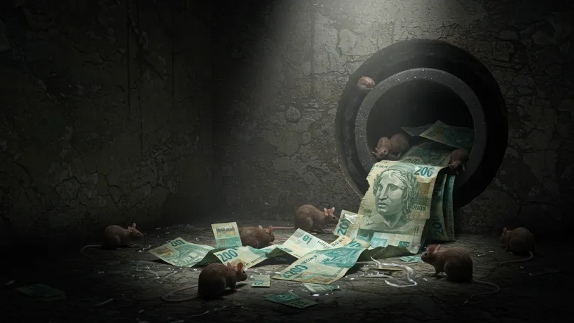 Galeria de esgoto com notas de real e ratos ao redor, simbolizando o escândalo de R$ 219 Bilhões em fraudes no INSS.